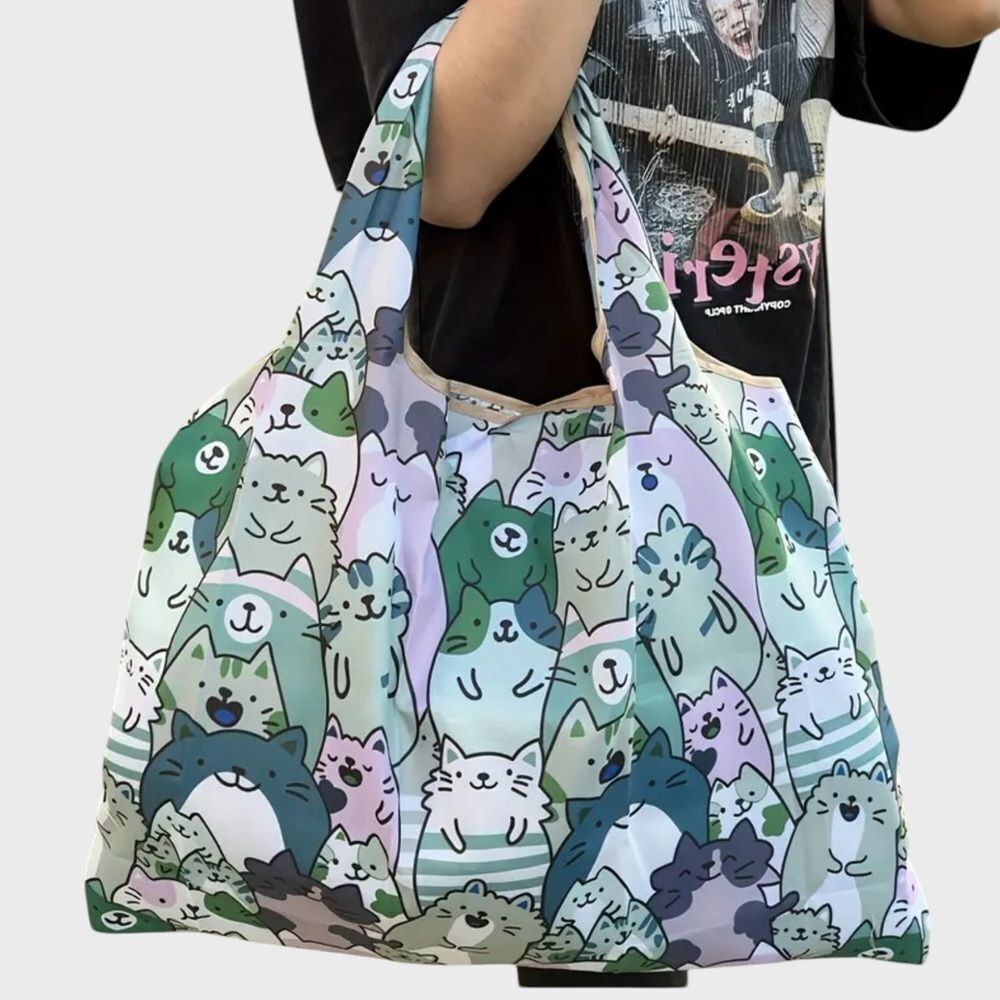 Cute Cat Print Foldable Reusable Shopping Tote Bag Large Grocery Travel NWT